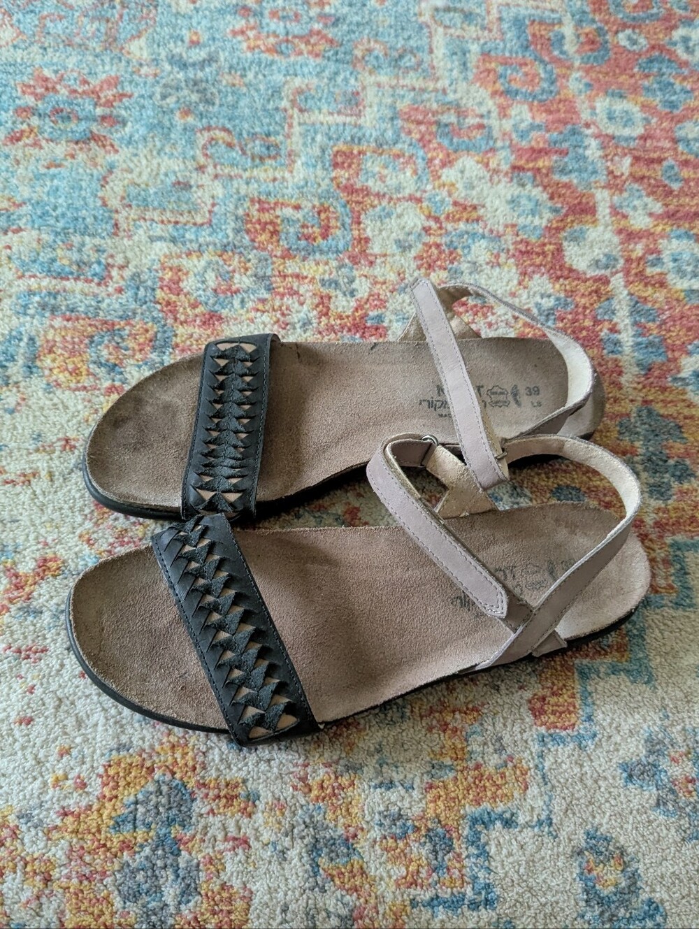 NAOT Leather Ankle Strap Sandals Tan Black Folded Detail Size 39 US Women's 8